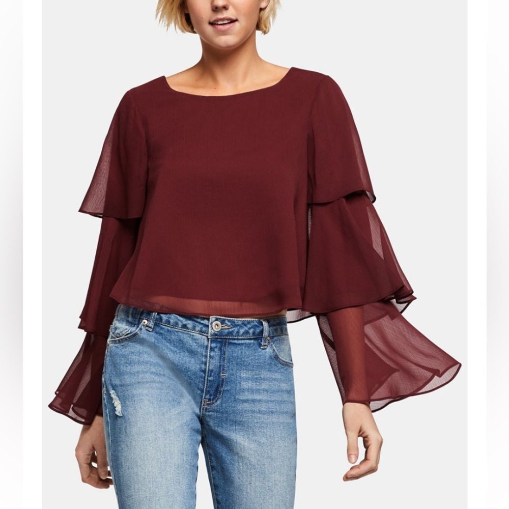 BCBGeneration Triple-tiered, semi-sheer long bell sleeves chiffon top - S